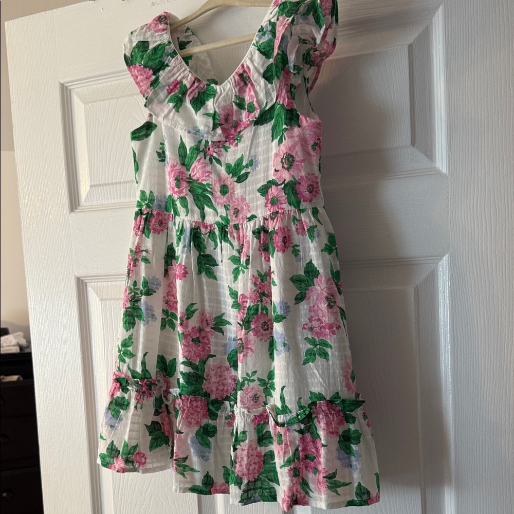Janie and Jack White Dress with Pink Floral Print & Green Leaves
